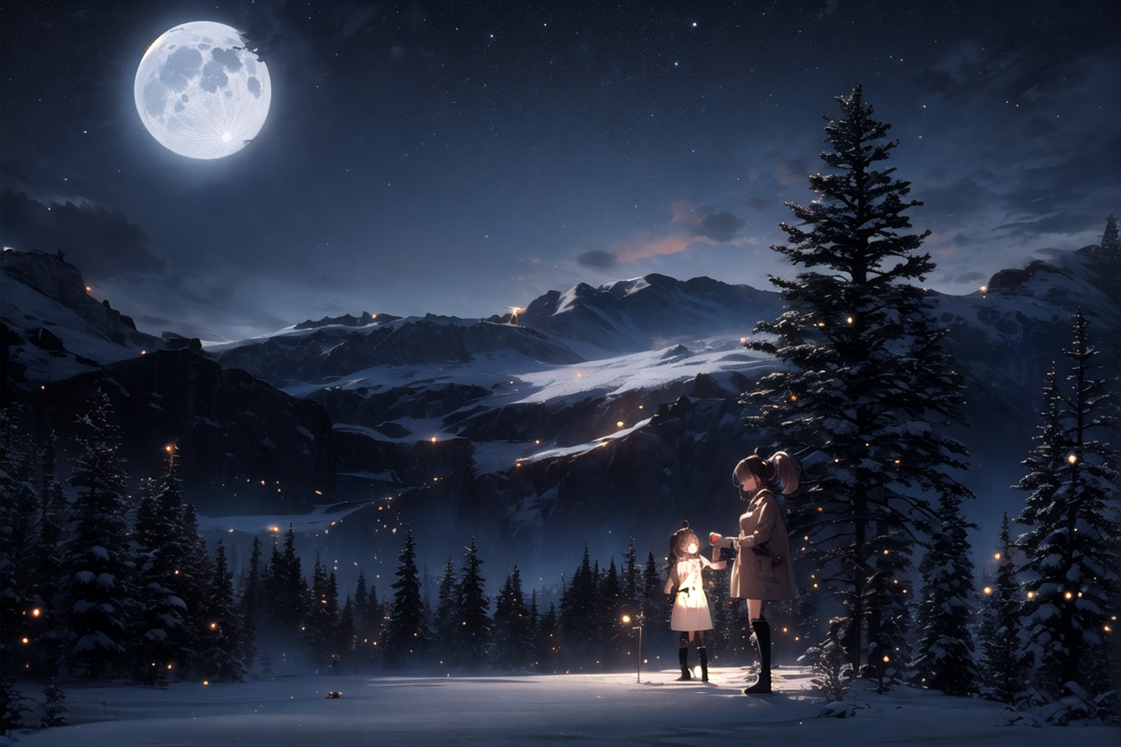 masterpiece, best quality, 2girls, brown eyes, night, mountains, stars, twin ponytails, boots, gloves, sweater, tree, snow...